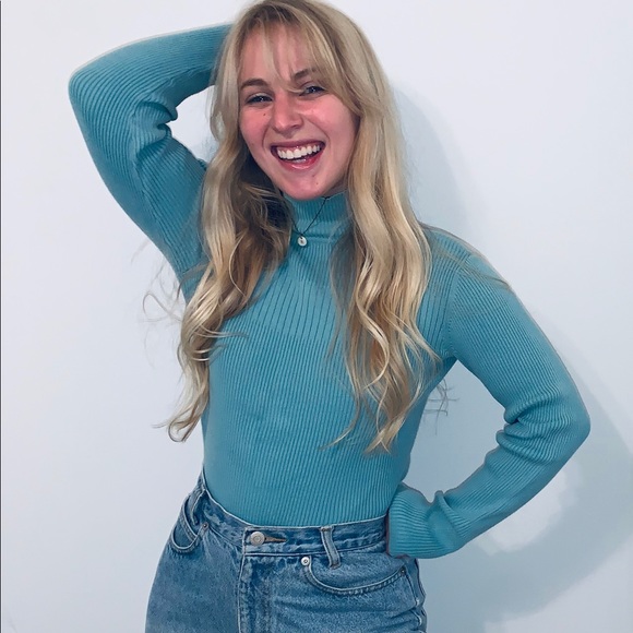 turquoise ribbed mock neck - Picture 1 of 5